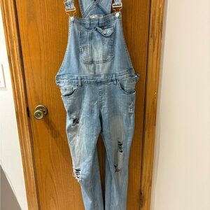 Almost Famous Light Blue Distresses Denim Overalls